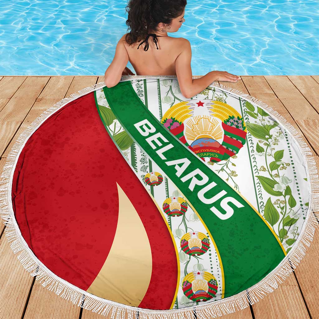 Belarus National Emblem Beach Blanket with Green Red Gold Floral Folk Pattern Design