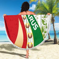 Belarus National Emblem Beach Blanket with Green Red Gold Floral Folk Pattern Design