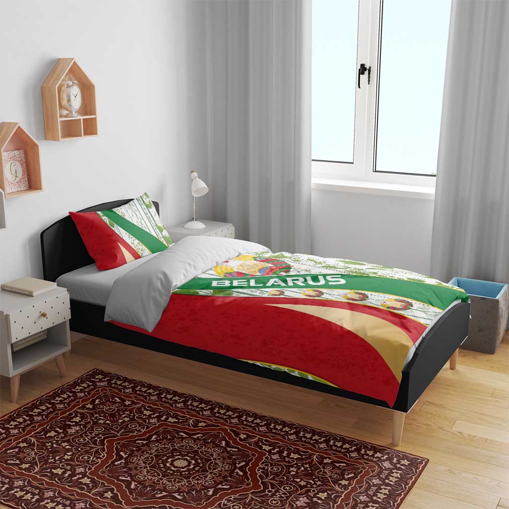 Belarus National Emblem Bedding Set with Green Red Gold Floral Folk Pattern Design