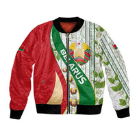 Belarus National Emblem Bomber Jacket with Green Red Gold Floral Folk Pattern Design