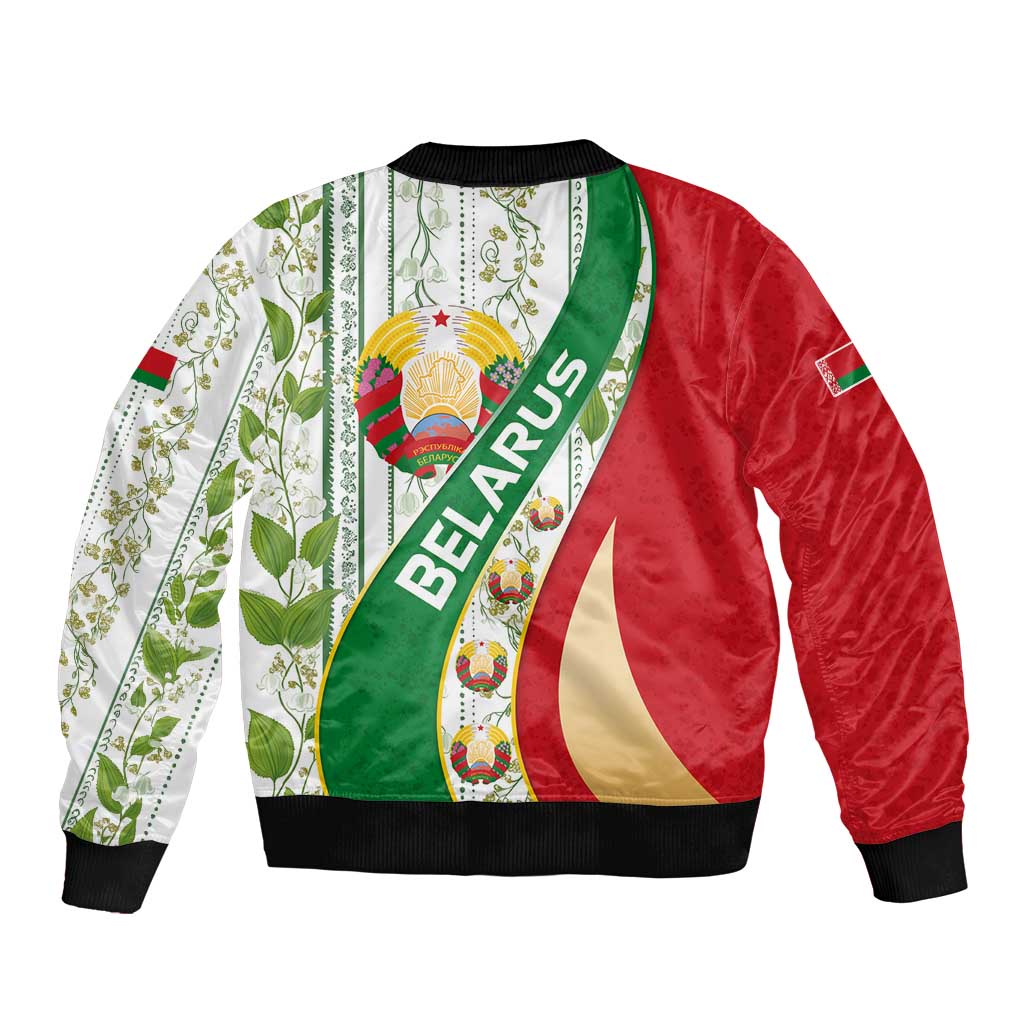 Belarus National Emblem Bomber Jacket with Green Red Gold Floral Folk Pattern Design