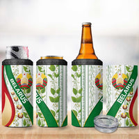 Belarus National Emblem 4 in 1 Can Cooler Tumbler with Green Red Gold Floral Folk Pattern Design