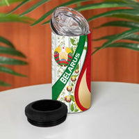 Belarus National Emblem 4 in 1 Can Cooler Tumbler with Green Red Gold Floral Folk Pattern Design