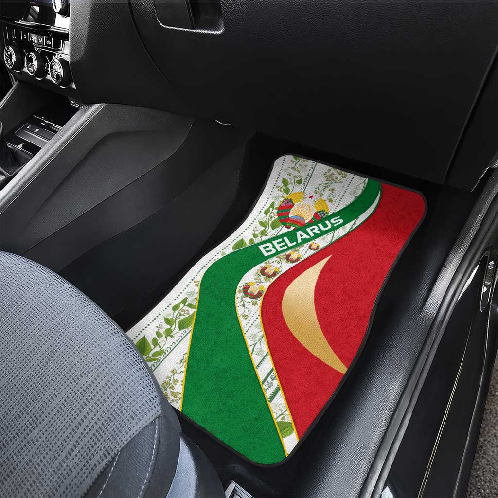 Belarus National Emblem Car Mats with Green Red Gold Floral Folk Pattern Design