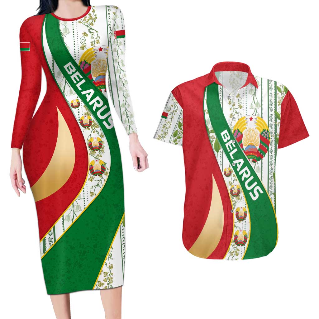 Belarus National Emblem Couples Matching Long Sleeve Bodycon Dress and Hawaiian Shirt with Green Red Gold Floral Folk Pattern Design
