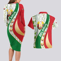 Belarus National Emblem Couples Matching Long Sleeve Bodycon Dress and Hawaiian Shirt with Green Red Gold Floral Folk Pattern Design
