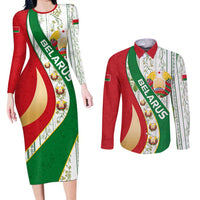 Belarus National Emblem Couples Matching Long Sleeve Bodycon Dress and Long Sleeve Button Shirt with Green Red Gold Floral Folk Pattern Design