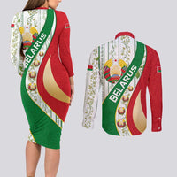 Belarus National Emblem Couples Matching Long Sleeve Bodycon Dress and Long Sleeve Button Shirt with Green Red Gold Floral Folk Pattern Design