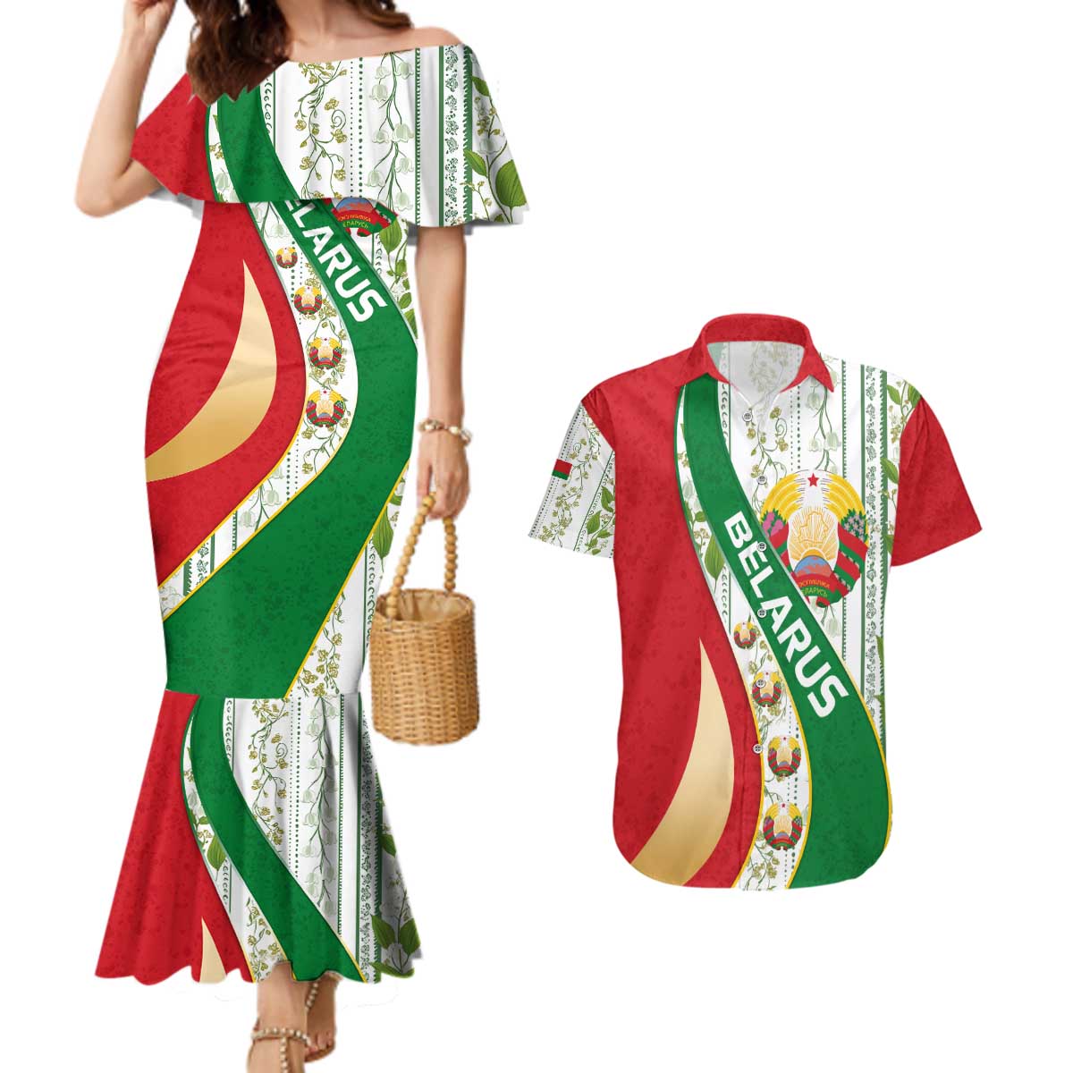 Belarus National Emblem Couples Matching Mermaid Dress and Hawaiian Shirt with Green Red Gold Floral Folk Pattern Design
