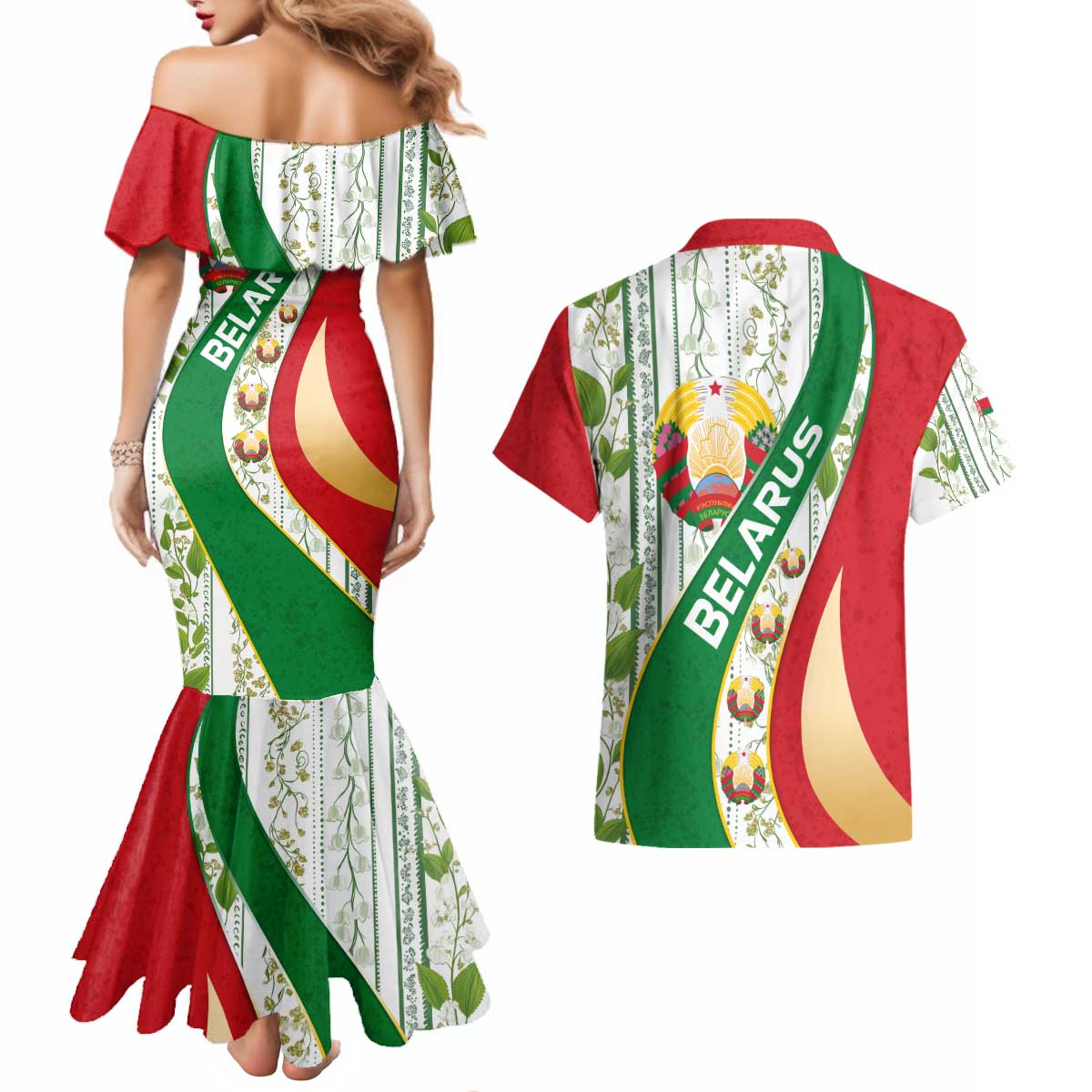 Belarus National Emblem Couples Matching Mermaid Dress and Hawaiian Shirt with Green Red Gold Floral Folk Pattern Design