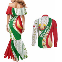 Belarus National Emblem Couples Matching Mermaid Dress and Long Sleeve Button Shirt with Green Red Gold Floral Folk Pattern Design