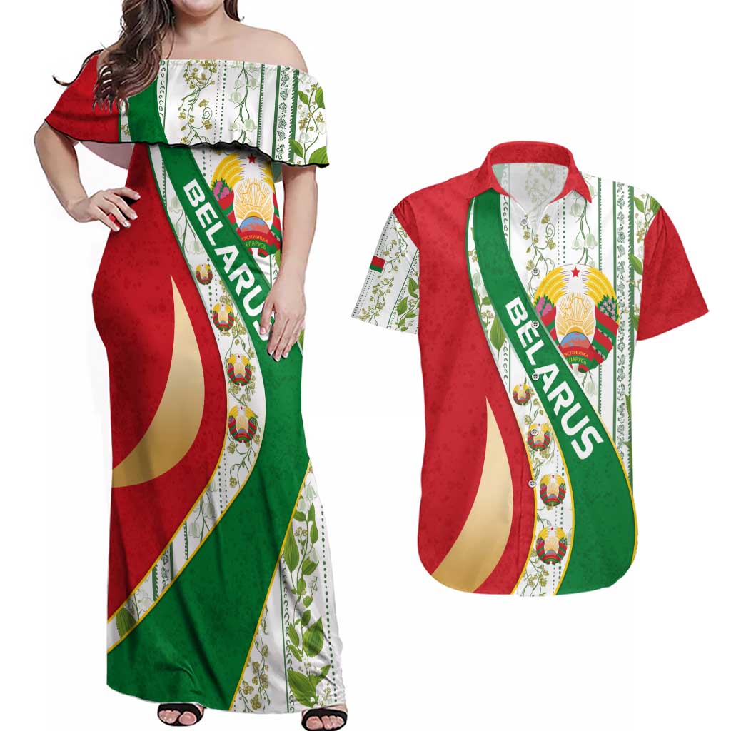 Belarus National Emblem Couples Matching Off Shoulder Maxi Dress and Hawaiian Shirt with Green Red Gold Floral Folk Pattern Design