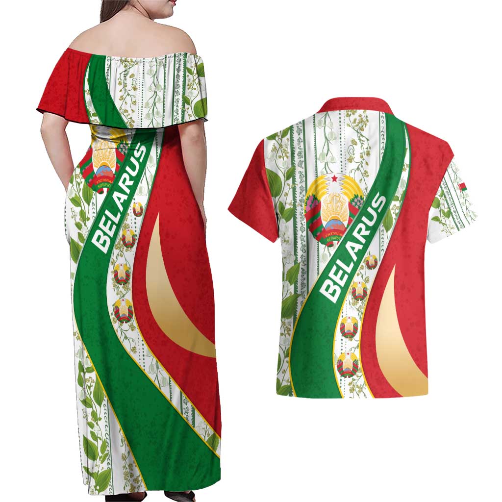 Belarus National Emblem Couples Matching Off Shoulder Maxi Dress and Hawaiian Shirt with Green Red Gold Floral Folk Pattern Design