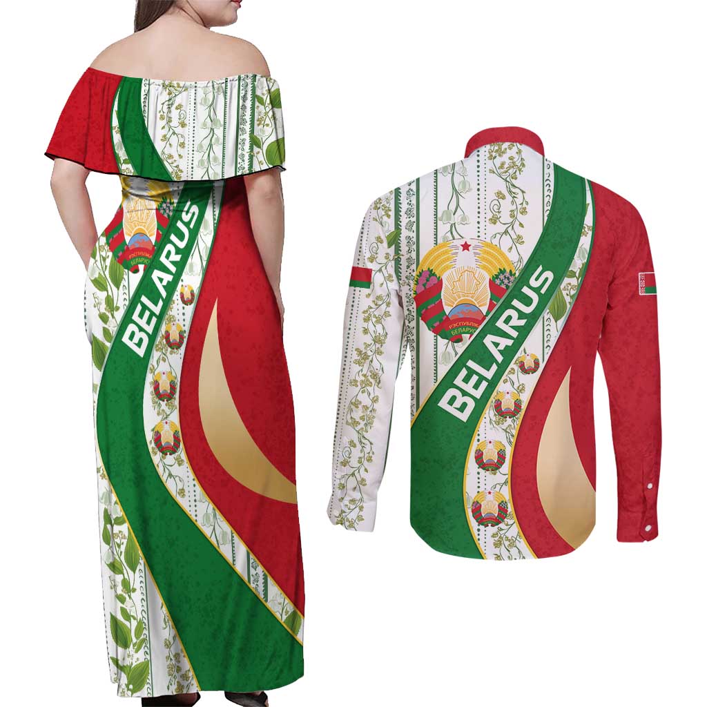 Belarus National Emblem Couples Matching Off Shoulder Maxi Dress and Long Sleeve Button Shirt with Green Red Gold Floral Folk Pattern Design