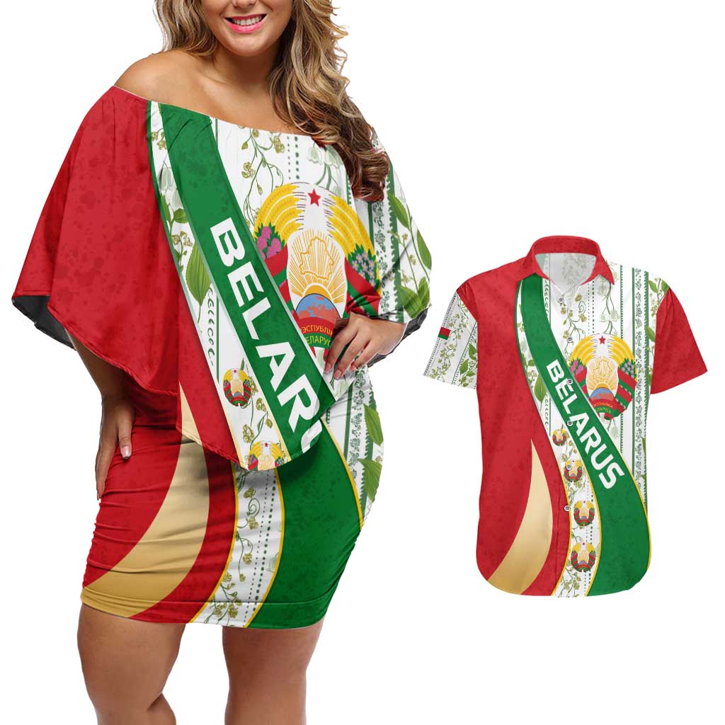 Belarus National Emblem Couples Matching Off Shoulder Short Dress and Hawaiian Shirt with Green Red Gold Floral Folk Pattern Design