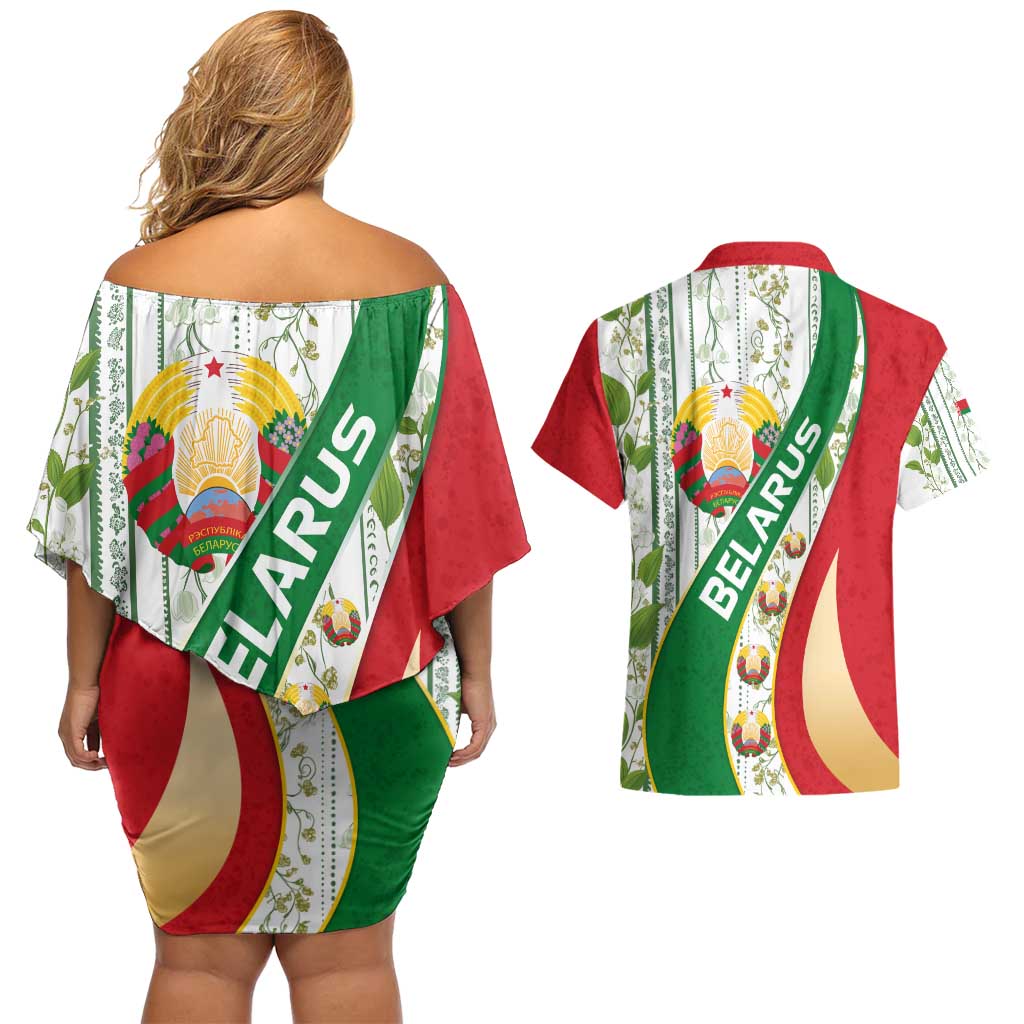 Belarus National Emblem Couples Matching Off Shoulder Short Dress and Hawaiian Shirt with Green Red Gold Floral Folk Pattern Design