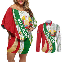 Belarus National Emblem Couples Matching Off Shoulder Short Dress and Long Sleeve Button Shirt with Green Red Gold Floral Folk Pattern Design