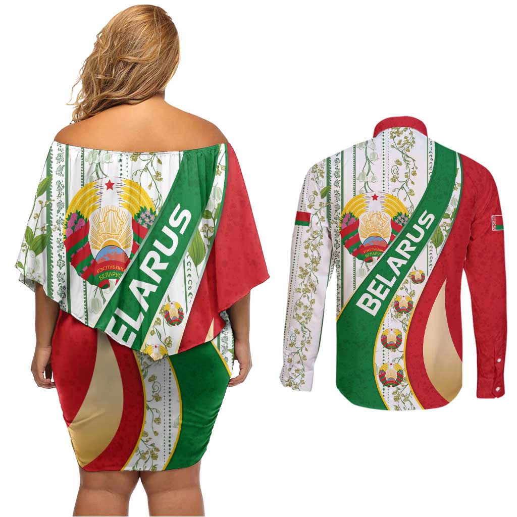 Belarus National Emblem Couples Matching Off Shoulder Short Dress and Long Sleeve Button Shirt with Green Red Gold Floral Folk Pattern Design