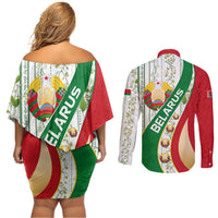 Belarus National Emblem Couples Matching Off Shoulder Short Dress and Long Sleeve Button Shirt with Green Red Gold Floral Folk Pattern Design