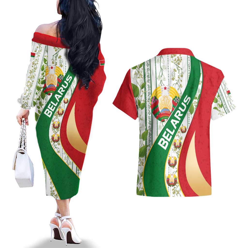 Belarus National Emblem Couples Matching Off The Shoulder Long Sleeve Dress and Hawaiian Shirt with Green Red Gold Floral Folk Pattern Design