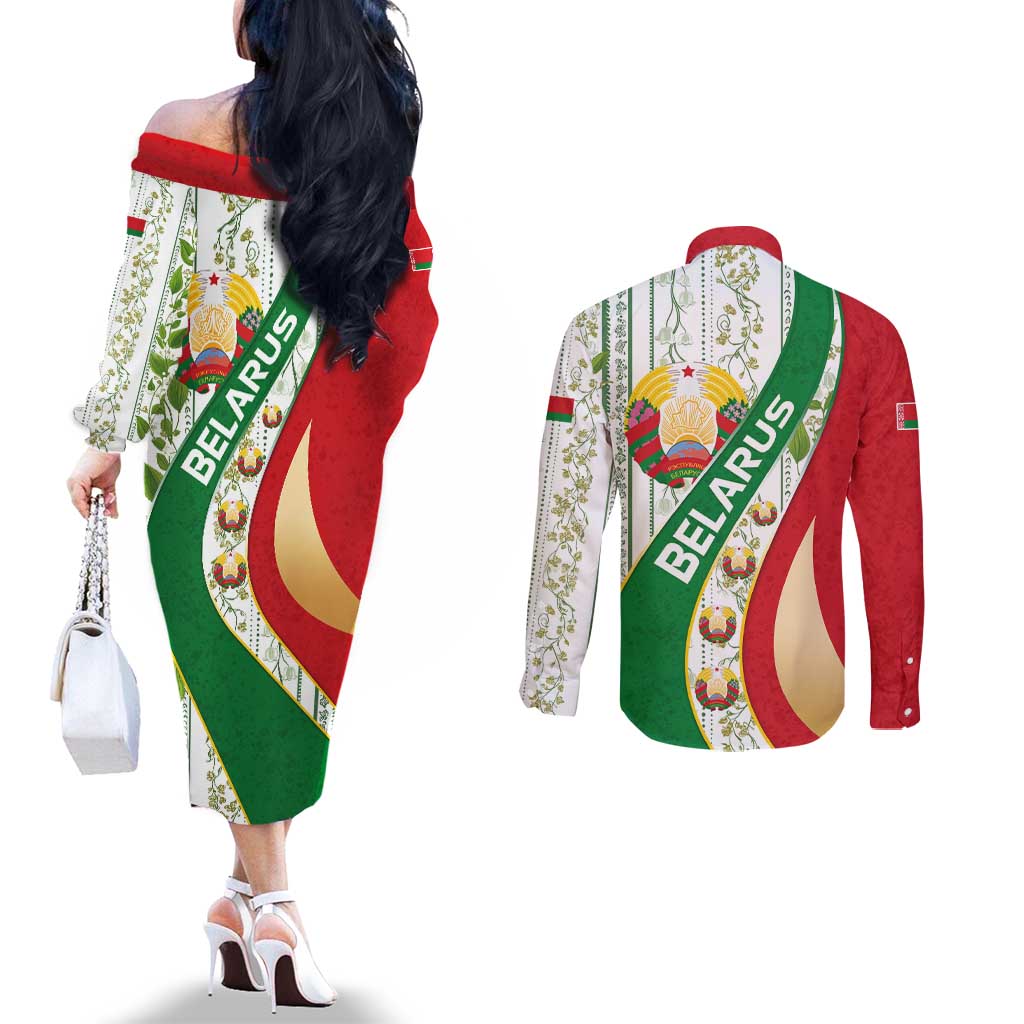 Belarus National Emblem Couples Matching Off The Shoulder Long Sleeve Dress and Long Sleeve Button Shirt with Green Red Gold Floral Folk Pattern Design
