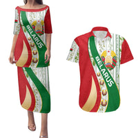 Belarus National Emblem Couples Matching Puletasi and Hawaiian Shirt with Green Red Gold Floral Folk Pattern Design