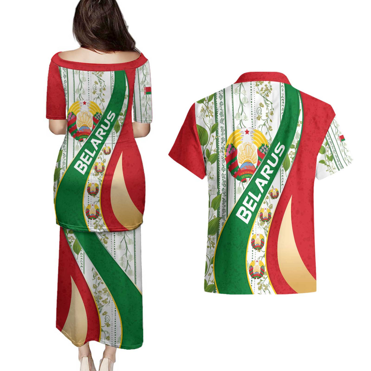 Belarus National Emblem Couples Matching Puletasi and Hawaiian Shirt with Green Red Gold Floral Folk Pattern Design