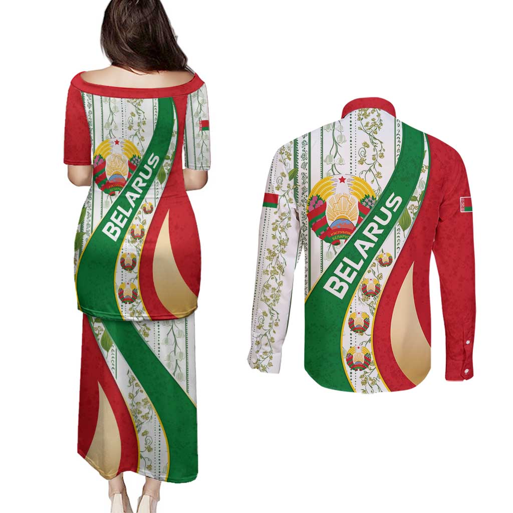 Belarus National Emblem Couples Matching Puletasi and Long Sleeve Button Shirt with Green Red Gold Floral Folk Pattern Design