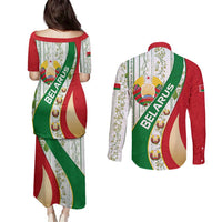 Belarus National Emblem Couples Matching Puletasi and Long Sleeve Button Shirt with Green Red Gold Floral Folk Pattern Design