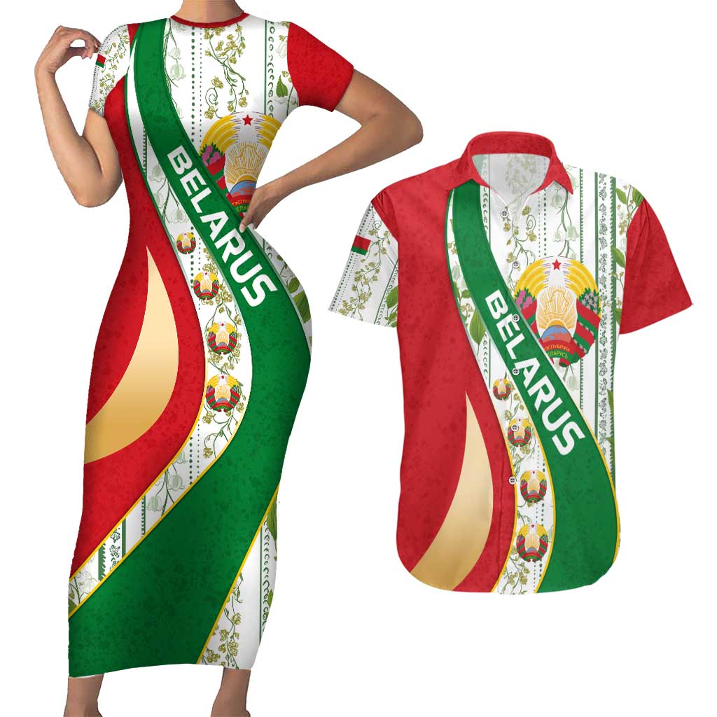 Belarus National Emblem Couples Matching Short Sleeve Bodycon Dress and Hawaiian Shirt with Green Red Gold Floral Folk Pattern Design