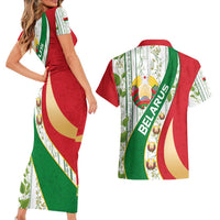 Belarus National Emblem Couples Matching Short Sleeve Bodycon Dress and Hawaiian Shirt with Green Red Gold Floral Folk Pattern Design