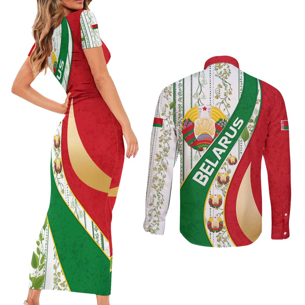 Belarus National Emblem Couples Matching Short Sleeve Bodycon Dress and Long Sleeve Button Shirt with Green Red Gold Floral Folk Pattern Design