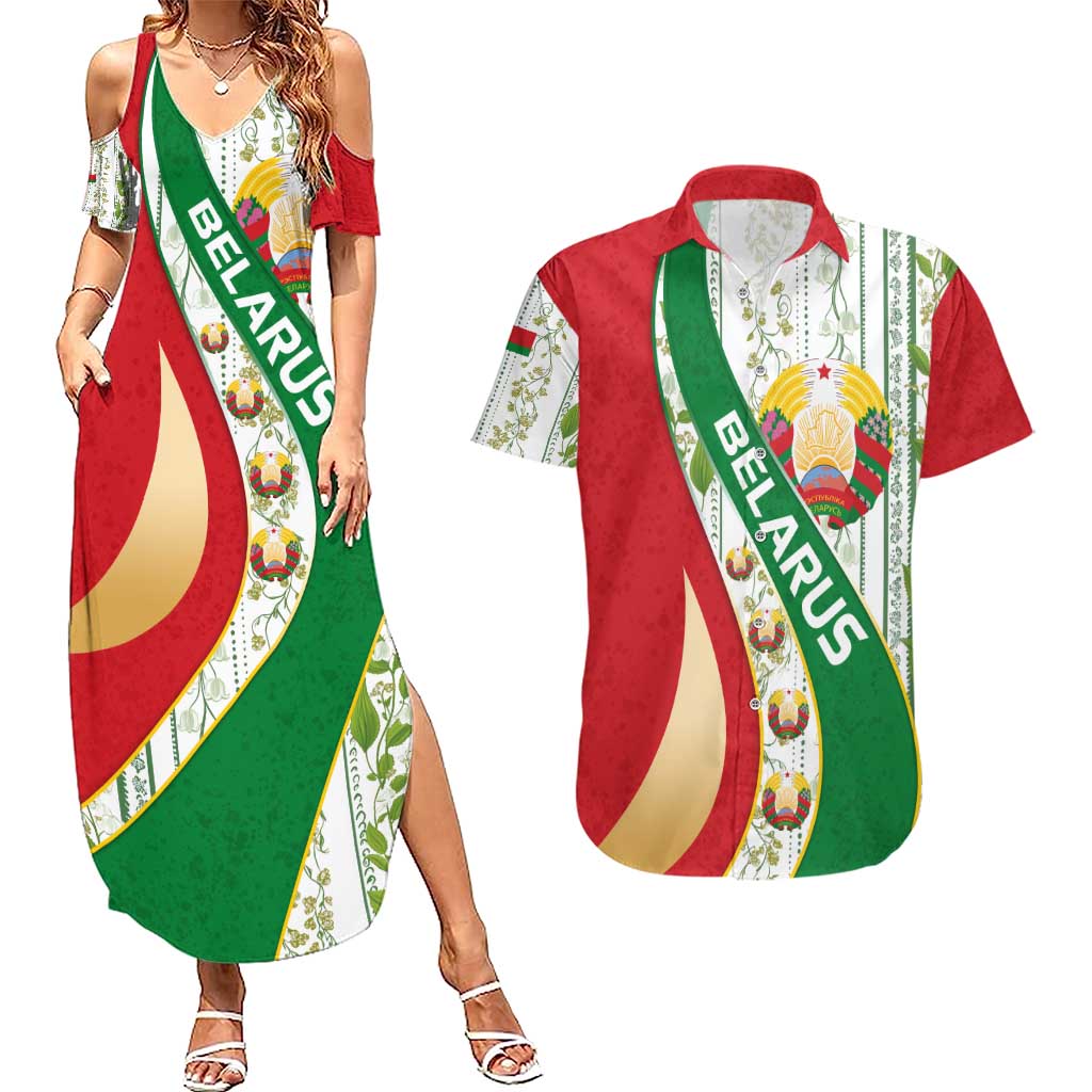 Belarus National Emblem Couples Matching Summer Maxi Dress and Hawaiian Shirt with Green Red Gold Floral Folk Pattern Design