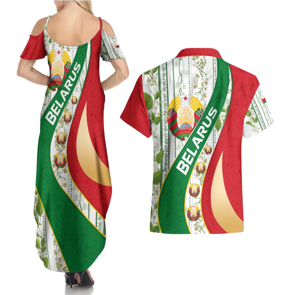 Belarus National Emblem Couples Matching Summer Maxi Dress and Hawaiian Shirt with Green Red Gold Floral Folk Pattern Design