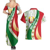 Belarus National Emblem Couples Matching Summer Maxi Dress and Hawaiian Shirt with Green Red Gold Floral Folk Pattern Design