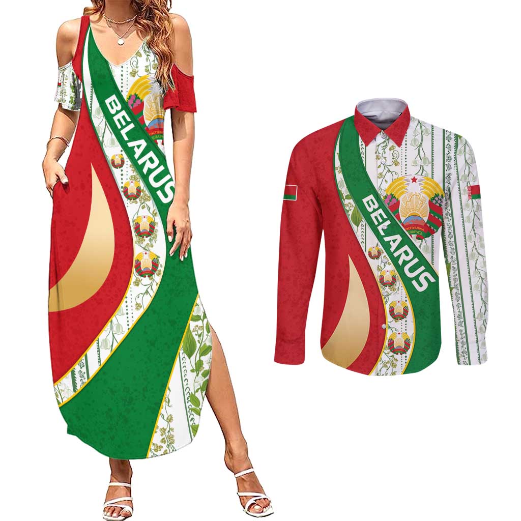 Belarus National Emblem Couples Matching Summer Maxi Dress and Long Sleeve Button Shirt with Green Red Gold Floral Folk Pattern Design