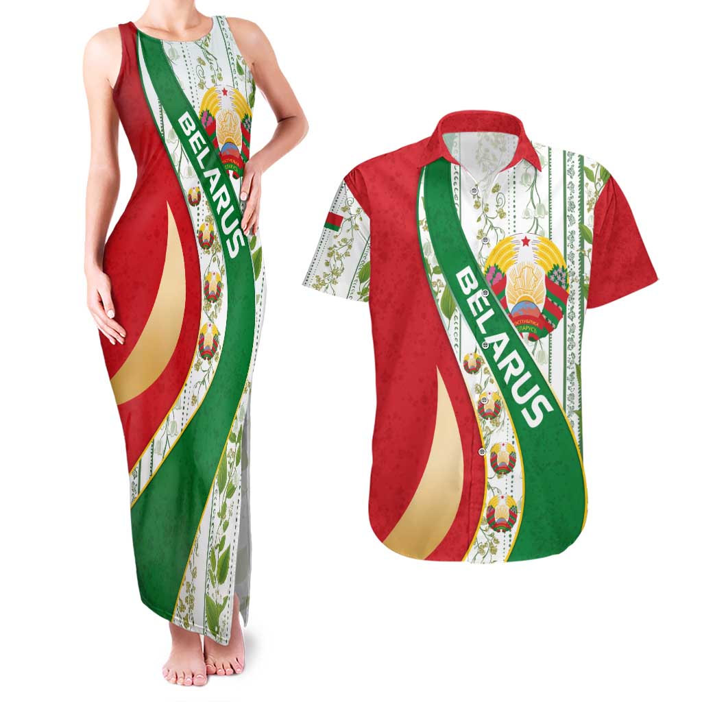 Belarus National Emblem Couples Matching Tank Maxi Dress and Hawaiian Shirt with Green Red Gold Floral Folk Pattern Design