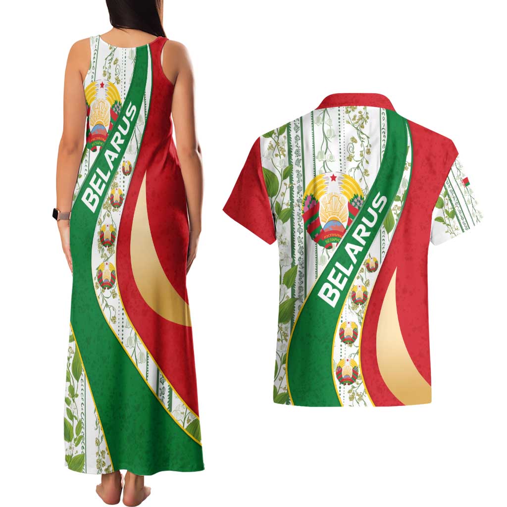Belarus National Emblem Couples Matching Tank Maxi Dress and Hawaiian Shirt with Green Red Gold Floral Folk Pattern Design