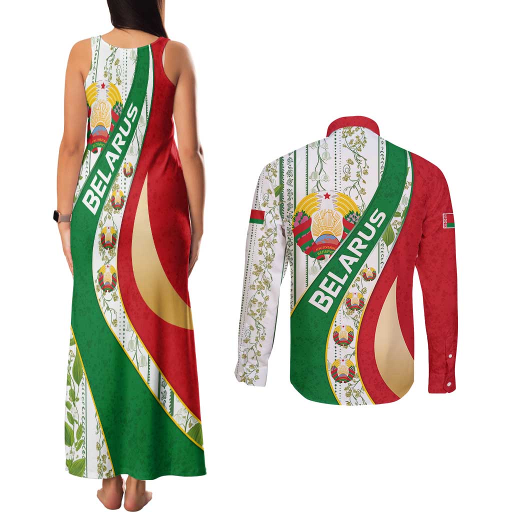Belarus National Emblem Couples Matching Tank Maxi Dress and Long Sleeve Button Shirt with Green Red Gold Floral Folk Pattern Design