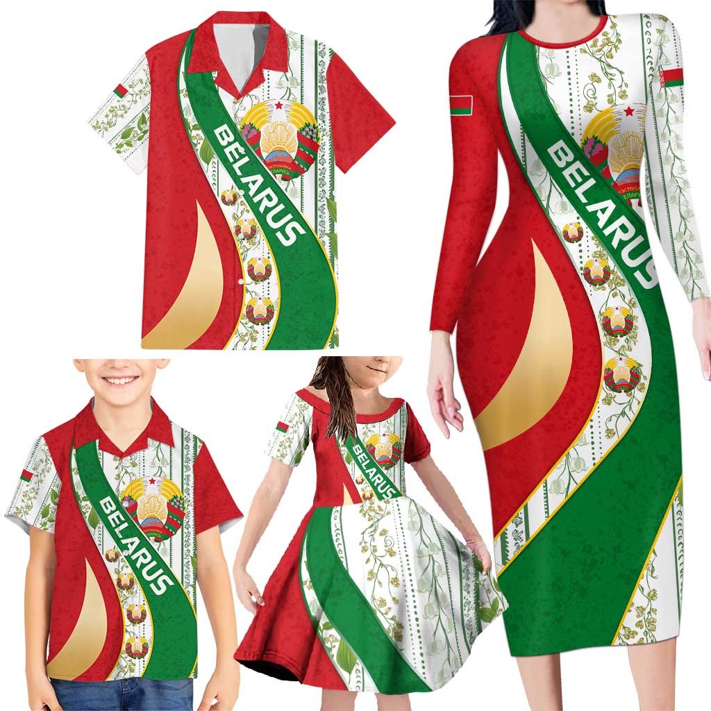 Belarus National Emblem Family Matching Long Sleeve Bodycon Dress and Hawaiian Shirt with Green Red Gold Floral Folk Pattern Design