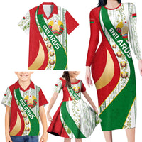 Belarus National Emblem Family Matching Long Sleeve Bodycon Dress and Hawaiian Shirt with Green Red Gold Floral Folk Pattern Design
