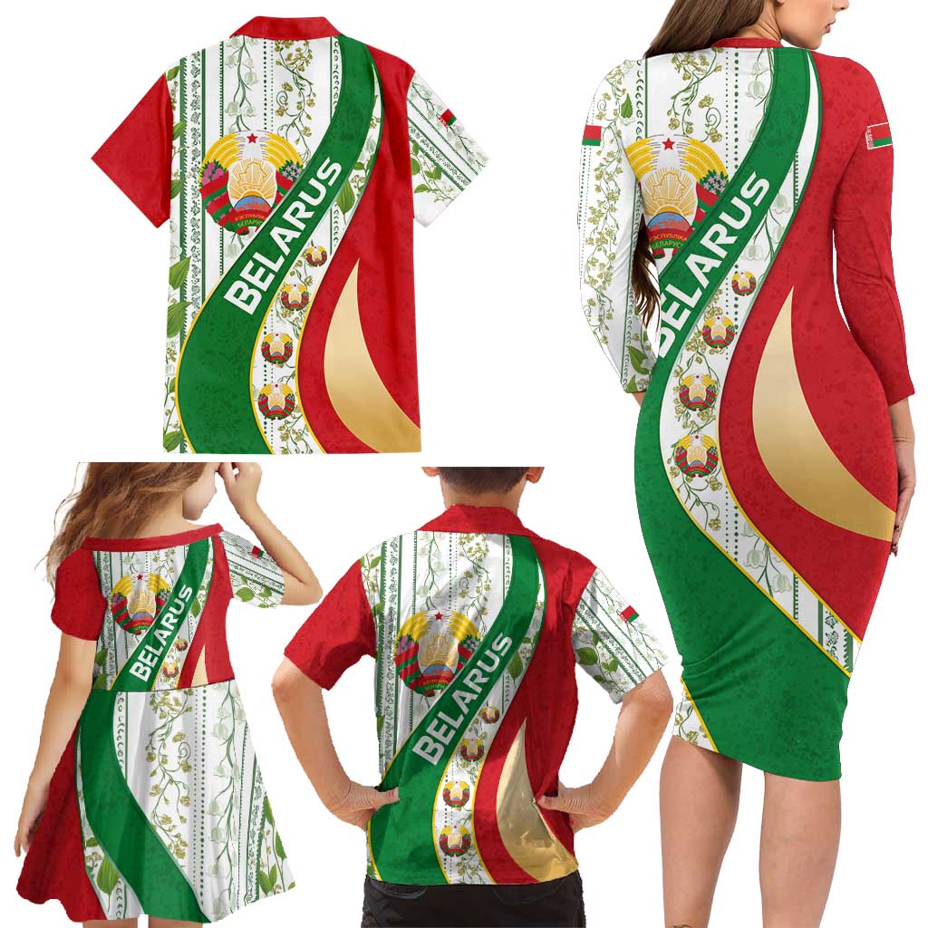 Belarus National Emblem Family Matching Long Sleeve Bodycon Dress and Hawaiian Shirt with Green Red Gold Floral Folk Pattern Design