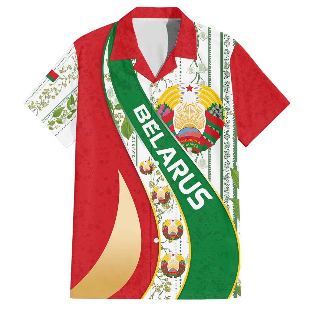 Belarus National Emblem Family Matching Long Sleeve Bodycon Dress and Hawaiian Shirt with Green Red Gold Floral Folk Pattern Design