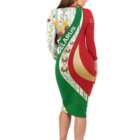 Belarus National Emblem Family Matching Long Sleeve Bodycon Dress and Hawaiian Shirt with Green Red Gold Floral Folk Pattern Design