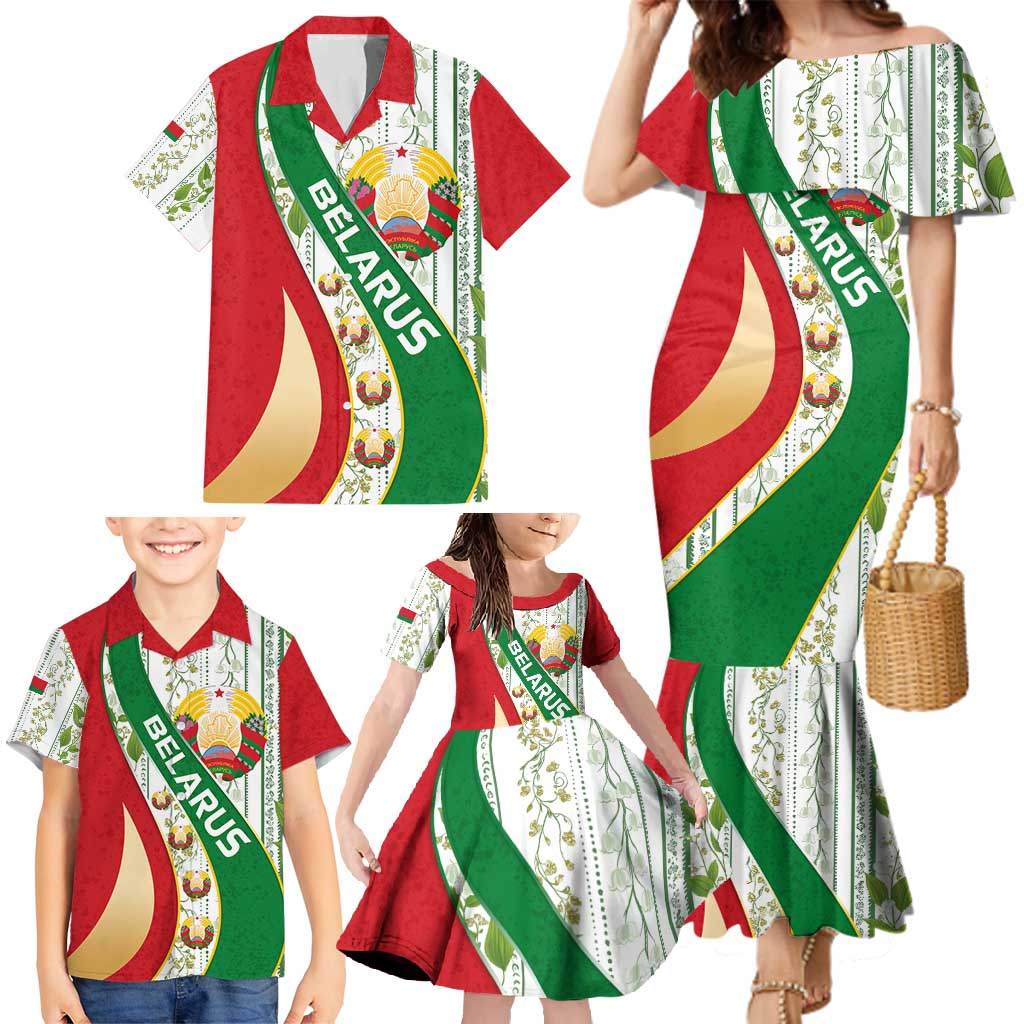 Belarus National Emblem Family Matching Mermaid Dress and Hawaiian Shirt with Green Red Gold Floral Folk Pattern Design