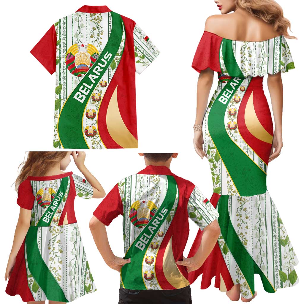 Belarus National Emblem Family Matching Mermaid Dress and Hawaiian Shirt with Green Red Gold Floral Folk Pattern Design