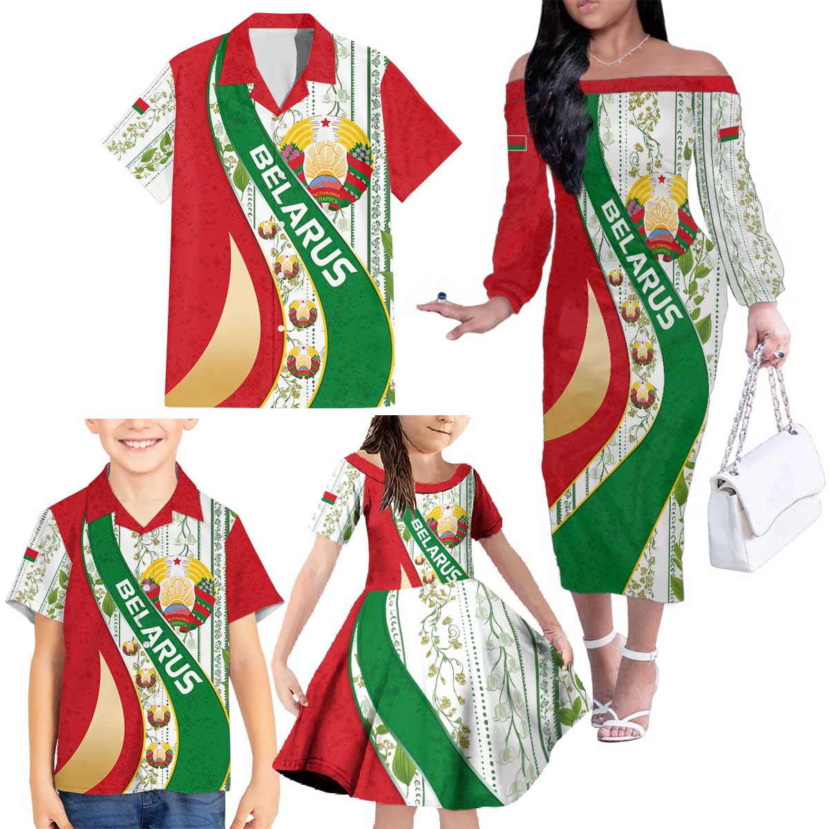 Belarus National Emblem Family Matching Off The Shoulder Long Sleeve Dress and Hawaiian Shirt with Green Red Gold Floral Folk Pattern Design