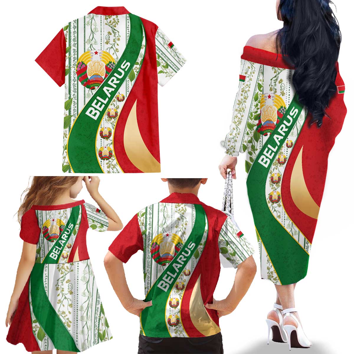 Belarus National Emblem Family Matching Off The Shoulder Long Sleeve Dress and Hawaiian Shirt with Green Red Gold Floral Folk Pattern Design