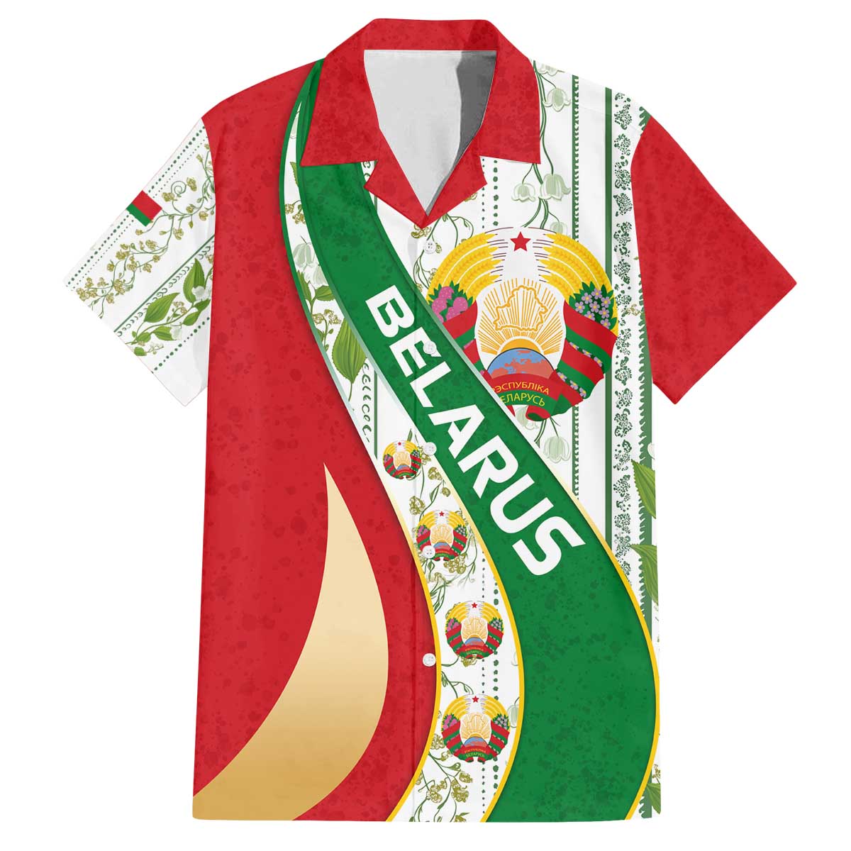 Belarus National Emblem Family Matching Off The Shoulder Long Sleeve Dress and Hawaiian Shirt with Green Red Gold Floral Folk Pattern Design