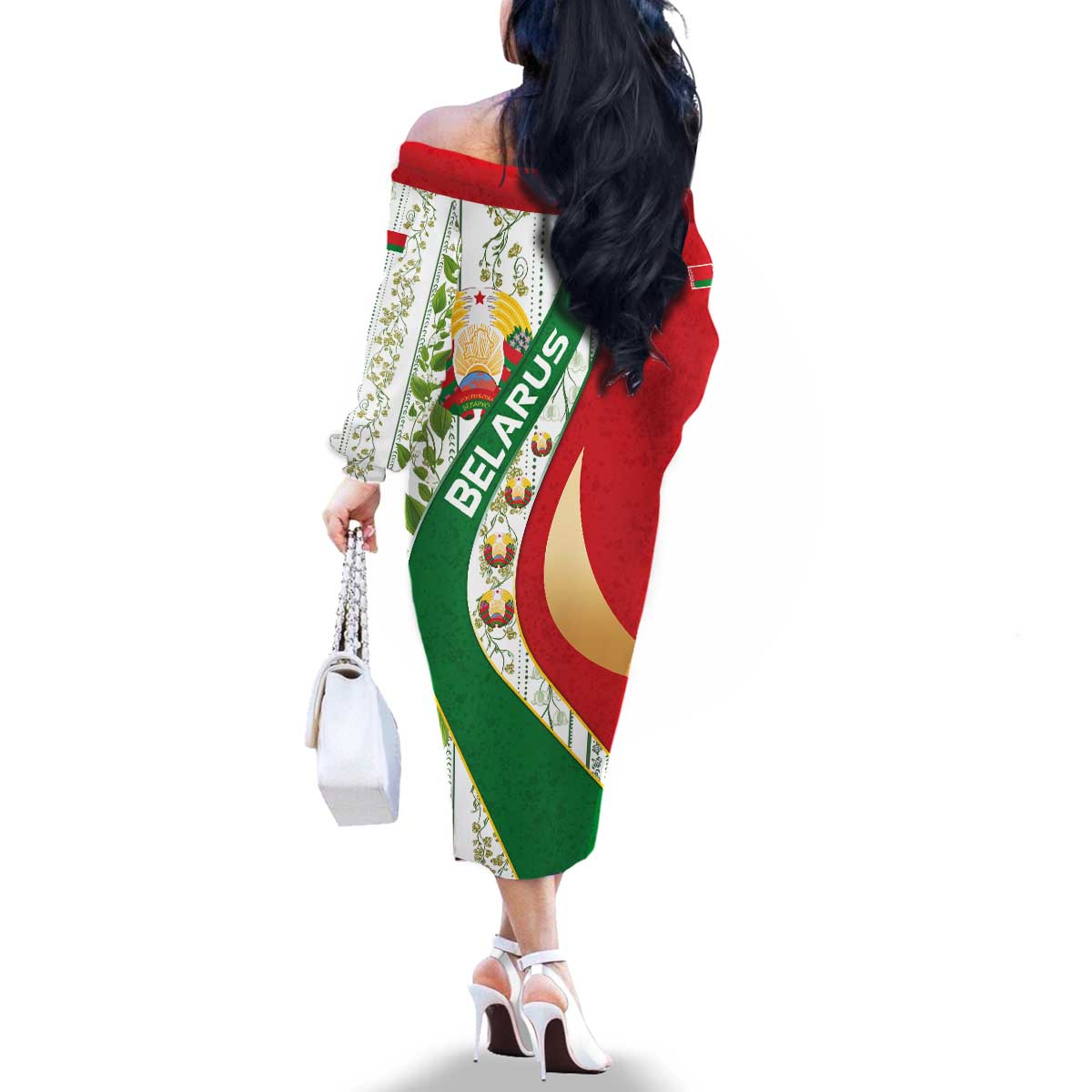 Belarus National Emblem Family Matching Off The Shoulder Long Sleeve Dress and Hawaiian Shirt with Green Red Gold Floral Folk Pattern Design